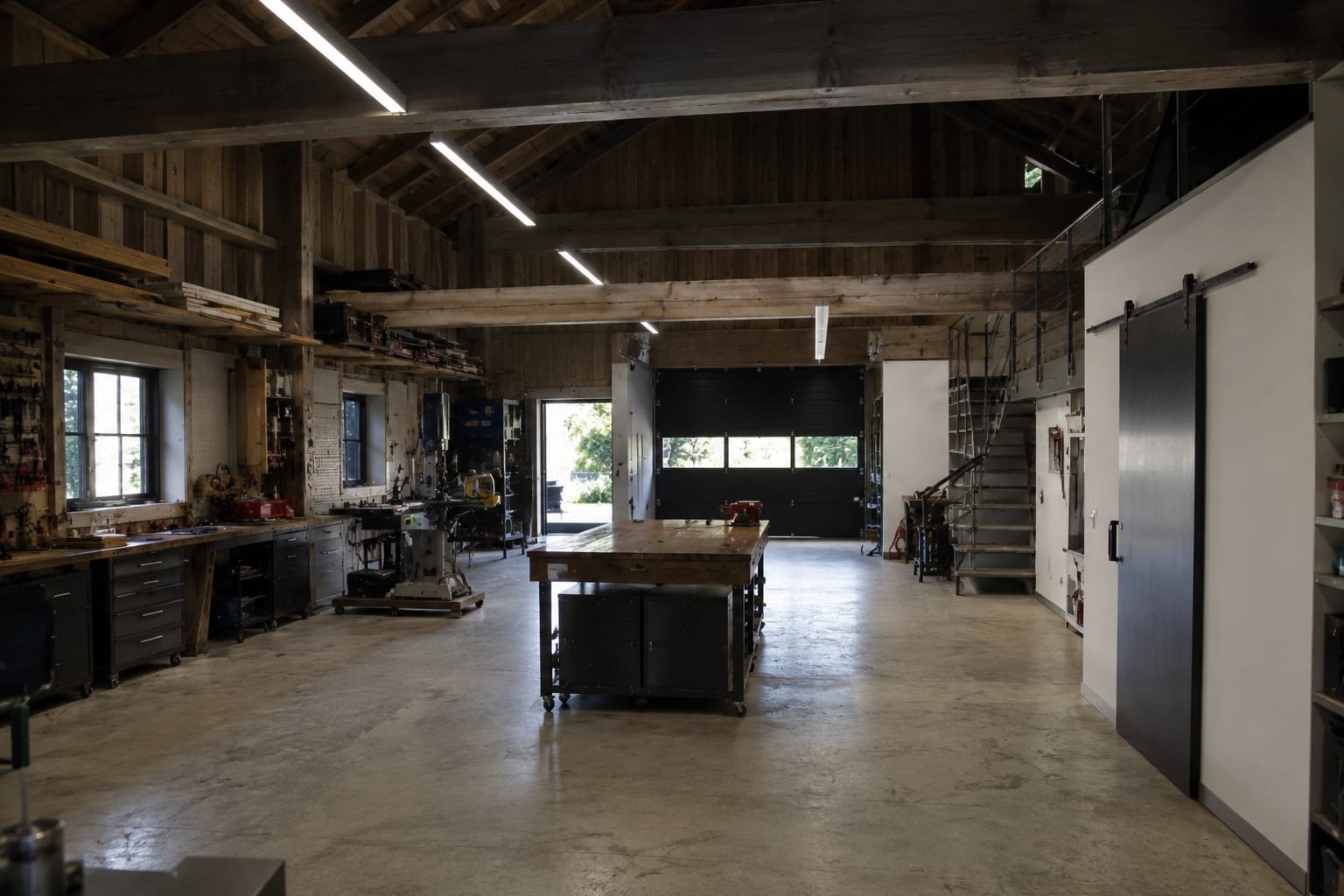 Umgebaute Scheunen-Werkstatt mit Holzbalken und modernen Maschinen